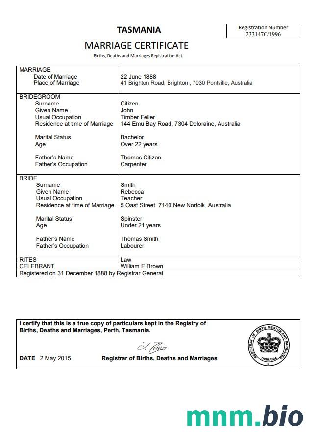 Australia Tasmania akt małżeństwa szablon in Word